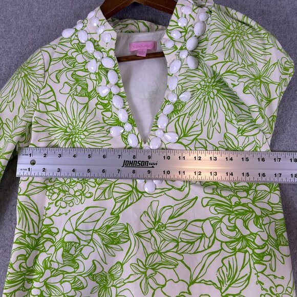 Lilly Pulitzer Tunic Womens 2 White Green Silk Blend Floral Beaded Tropical Boho - Picture 6 of 12